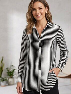 Chico's Black & White Striped Button Down Shirt - Size 1 (M)